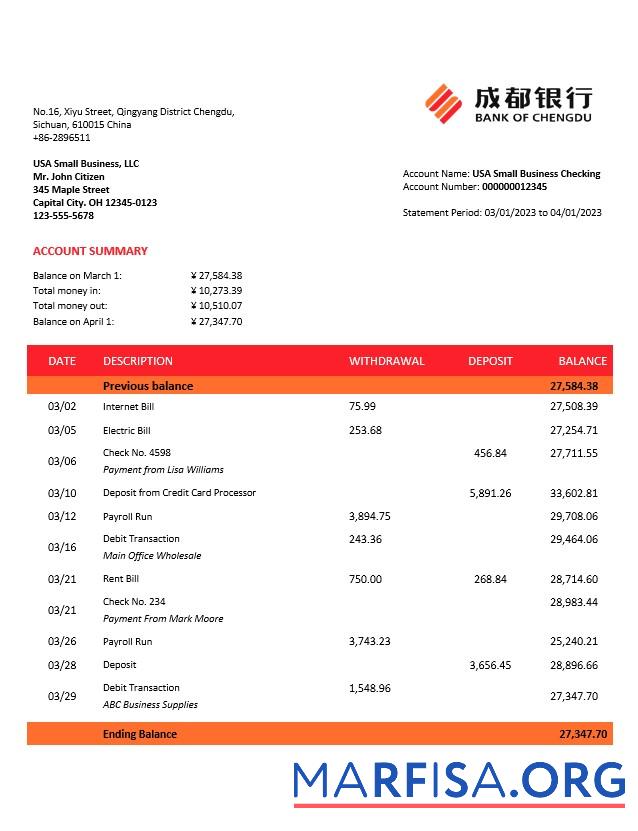Realistic Bank of Chengdu business statement Word and PDF template